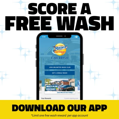 Screenshot of Rocket Express app "Score a Free Wash. Download Our App. *Limit one free wash reward per app account."